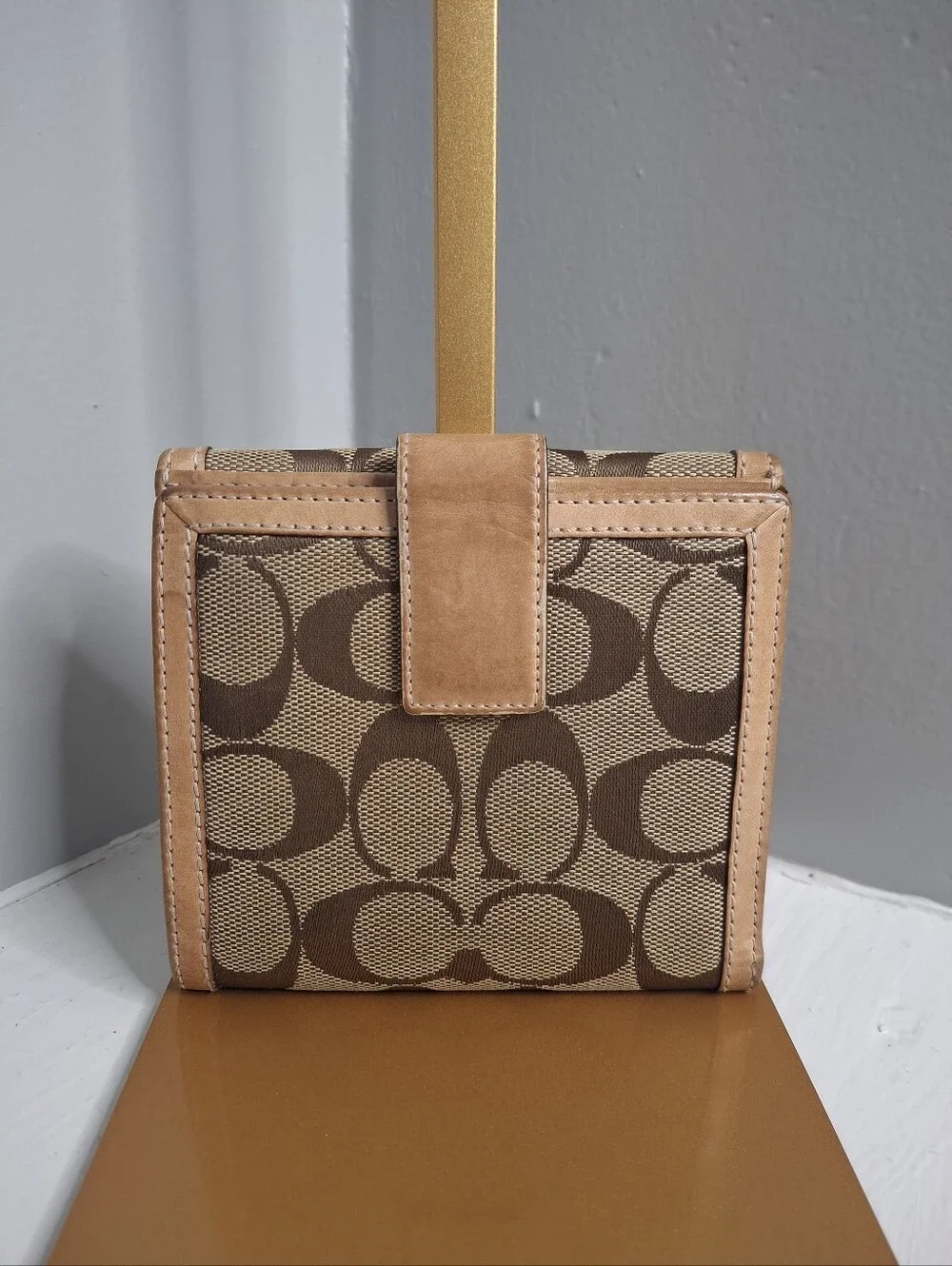 Coach Signature Jacquard Compact Trifold Wallet Khaki Tan